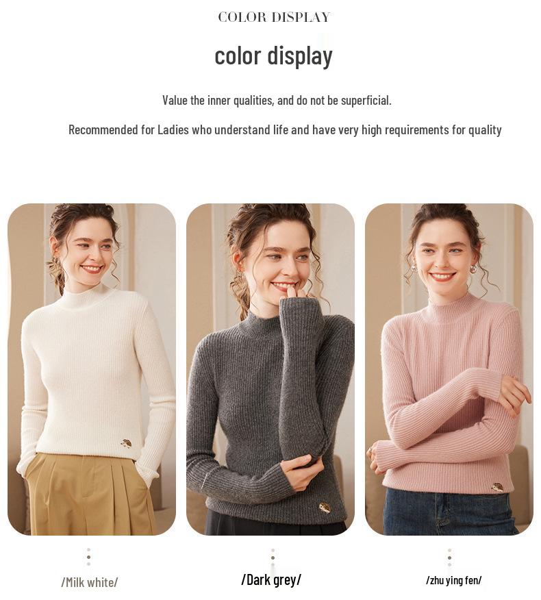 Women's 2024 Autumn/Winter Striped Embroidered Cashmere Knit Top - Long Sleeve, Half-High Neck, Soft Inner Layer