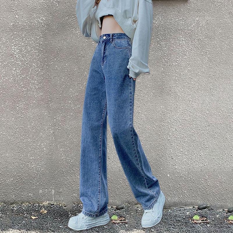 White Wide-Leg High-Waist Denim Pants for Petite Pear-Shaped Women - Loose, Plus Size, Floor-Length, Straight-Leg Design.