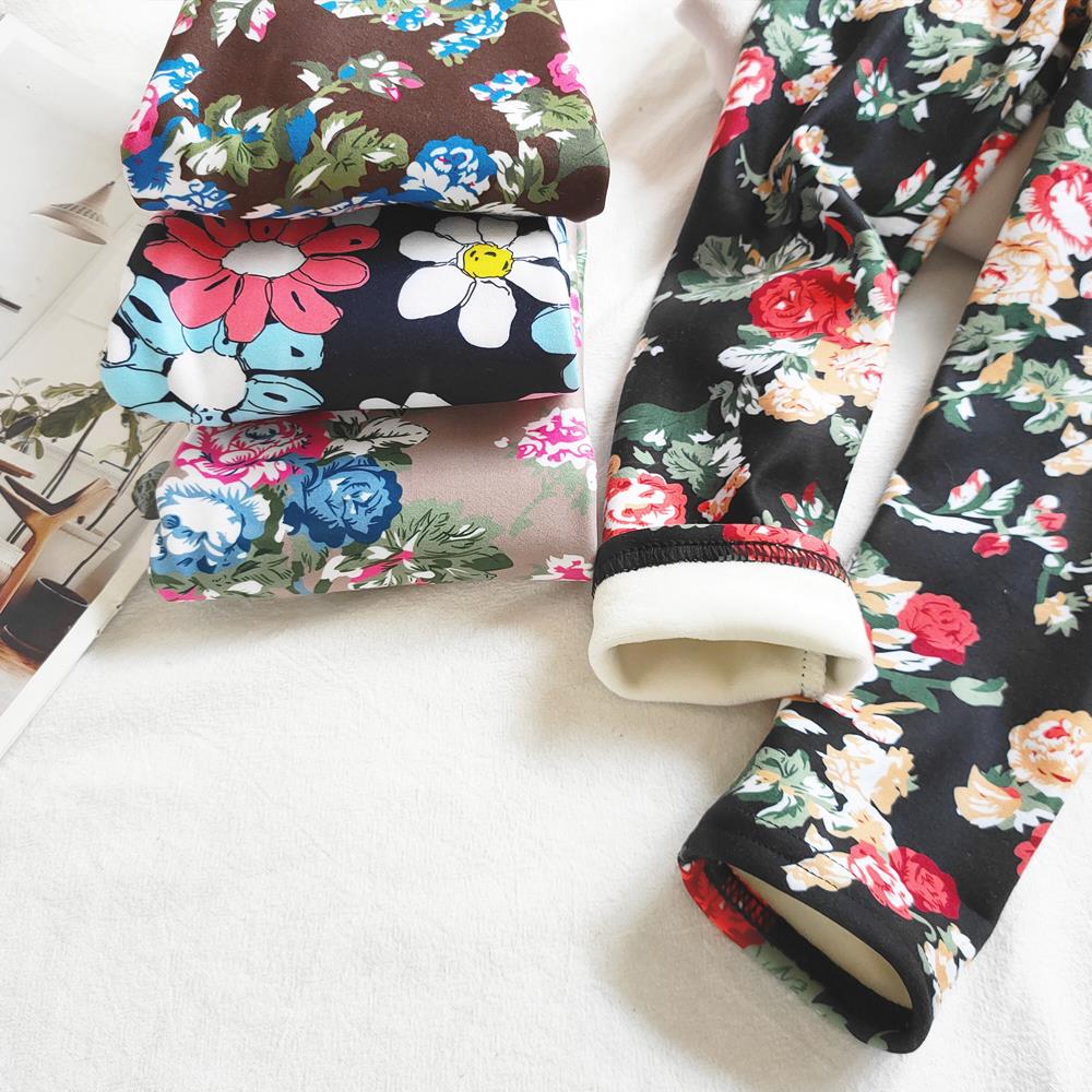 Floral Print Autumn Winter Thickened Warm Kids Pants Baby Girl Velvet Leggings Children's Trouser