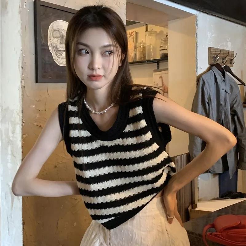 

Женский свитер, жилет Y2K, эстетический полосатый жилет без рукавов, милый винтажный вязаный жилет, весна-осень, повседневный жилет, трикотаж One Size чёрный