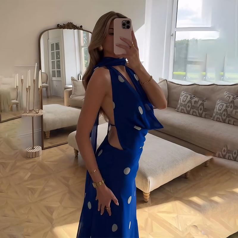 Blue Polka Dot Print Backless Long Dress For Women 2026 Sexy V Neck Bandage Hollow Out Maxi Dresses Beach Party Elegant Evening Dress
