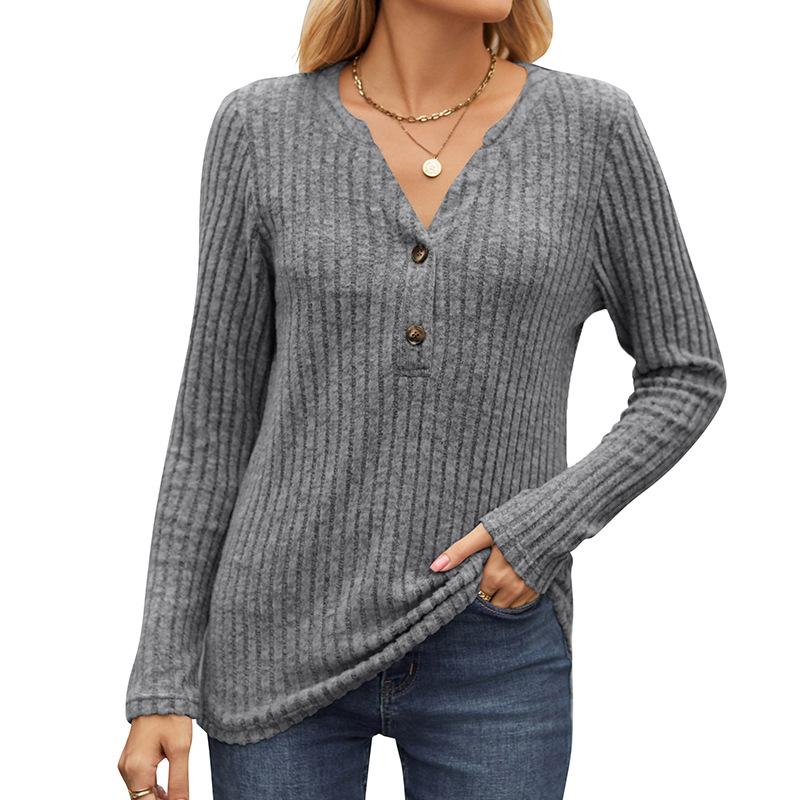 Autumn Women's Knitwear Solid Colour Pit Stripe Brushed Half Placket Button Up Long Sleeve Top