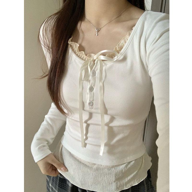 Women's Stylish White Slim Fit Long Sleeve Faux Two-Piece Top for Early Autumn