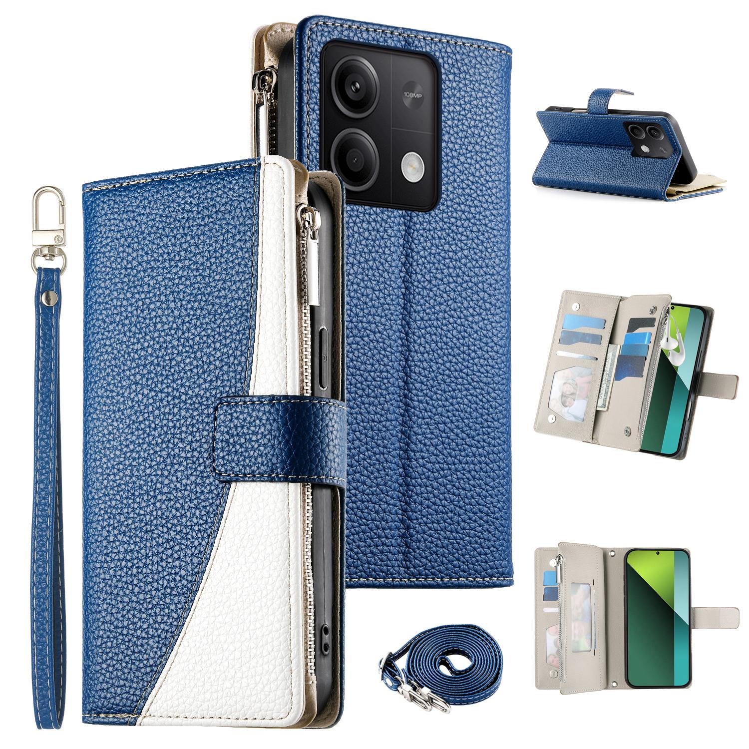 

Чехол-книжка из кожи с цветной вставкой и кошельком на молнии для Xiaomi Redmi Note 13 5G с ремешками Dark Blue