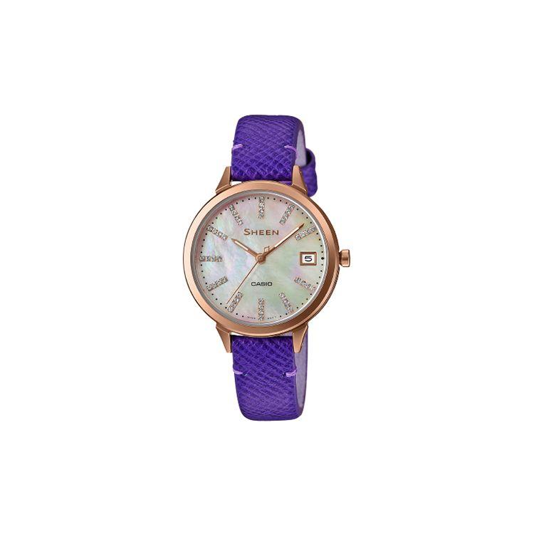 

Casio Sheen 50M Waterproof Quartz Watch Leather Strap 36.5Mm White Dial Women watches SHE-4527PGL-7AUPR Purple Strap