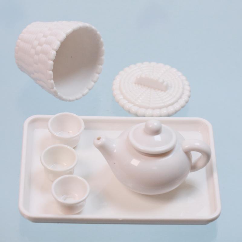 1 Set Dollhouse Scene Accessories Simulation Tea Kit Model Tea Pot Cup Tea Table Decoration Collectible Room Ornament