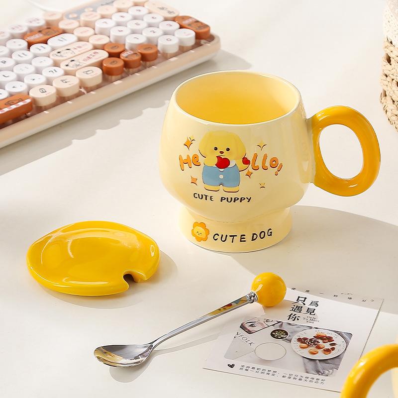Cană de desene animate cu capac și linguriță, cană ceramică drăguță pentru fete cu aspect deosebit, cană pentru apă pentru acasă, cană pentru cafea, cană pentru micul dejun pentru copii