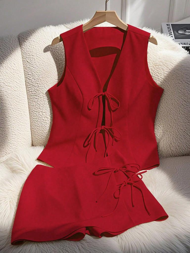 Women Sleeveless V Neck Backless Bow Tie Peplum Top High Waist Shorts Set Solid Color Casual Summer Two Piece Set