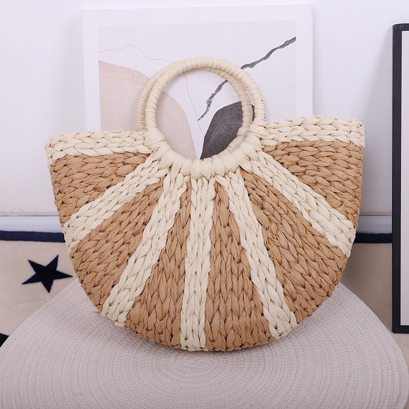 Bohemian Woven Women s Handbag Summer Half Round Straw Beach Bags Round Handle Female Tote Bag Handmade Contrast Shoulder Bag