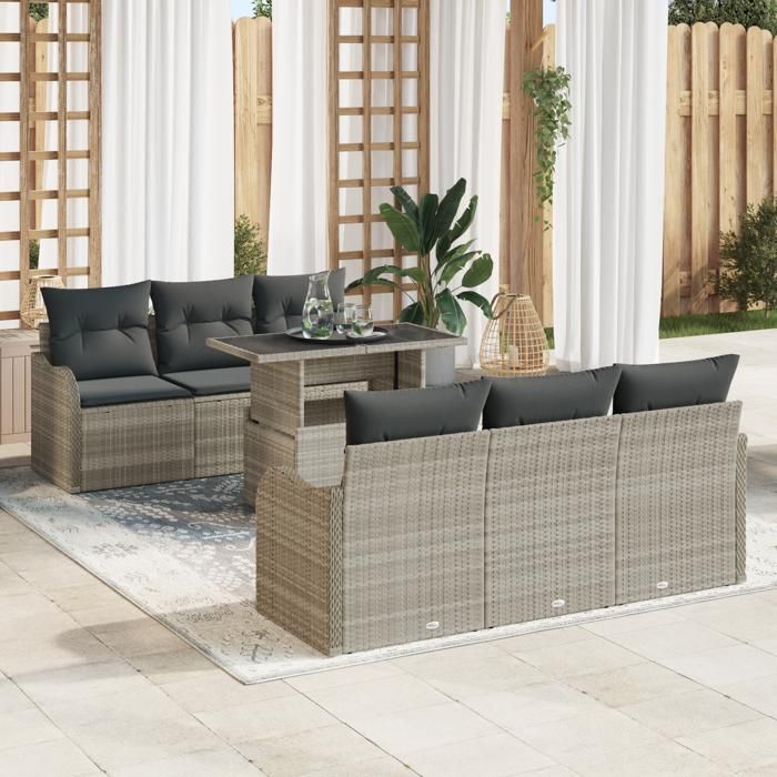 Ensemble de canapé de jardin 7 pièces avec coussins gris clair en poly rotin, Canapé de jardin 2 places avec coussins gris 3348388