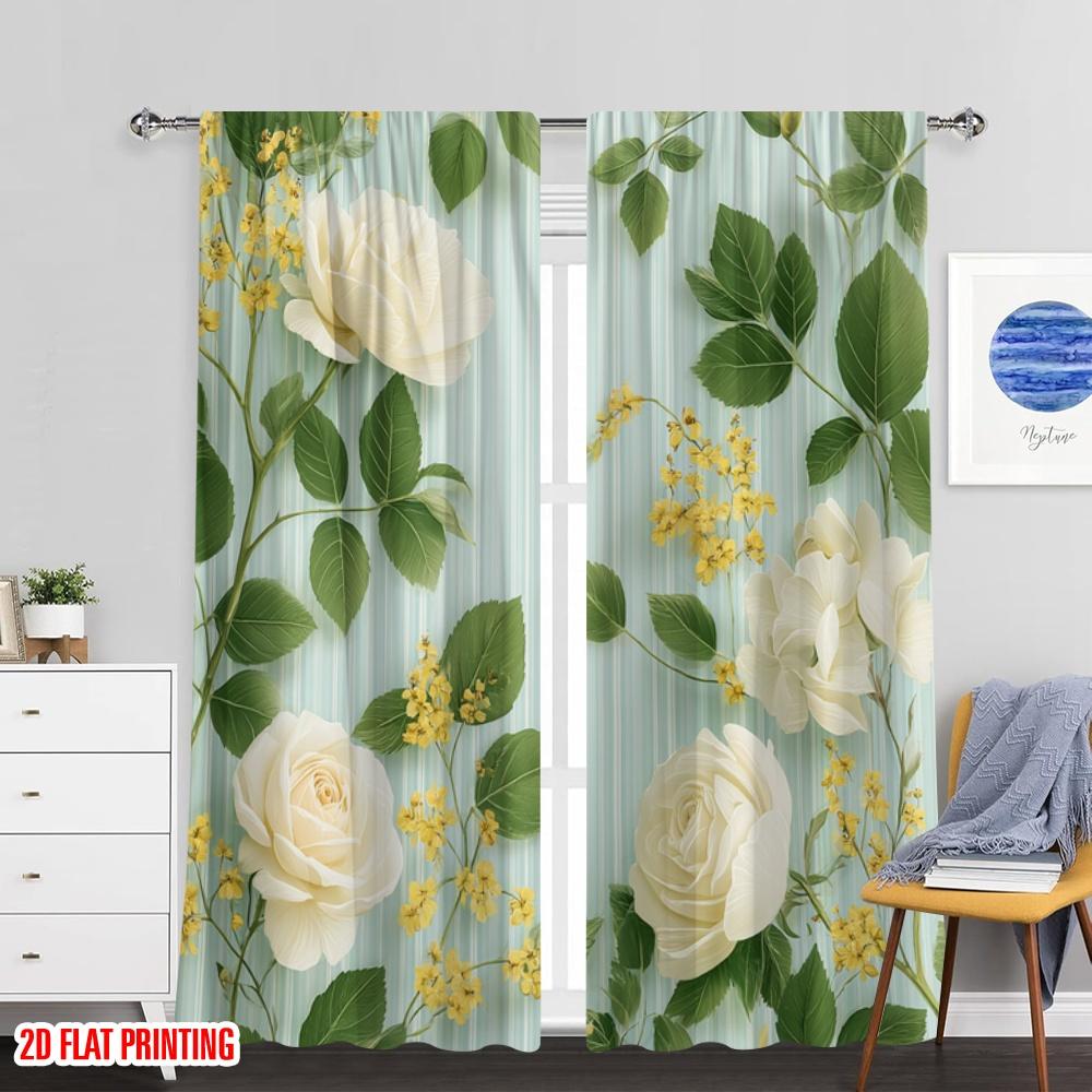 2pcs 2D Flat Printing Scene Curtain White Roses Floral Digital Printed Polyester Drapes Festive Wall Decor Perfect for Festive