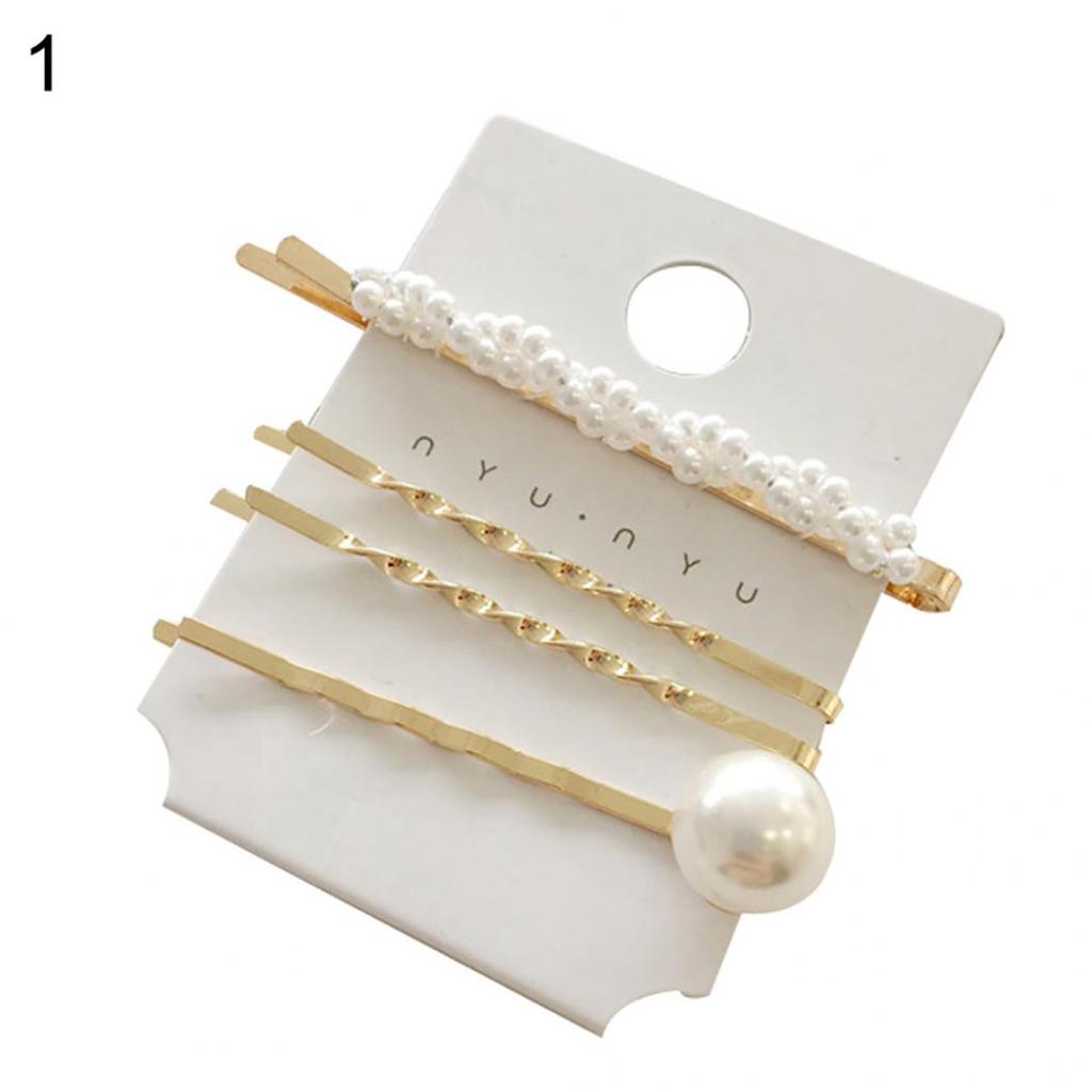 4Pcs/Set Sweet Faux Pearl Metal Barrette Women Hair Side Clip Hairpin Headwear