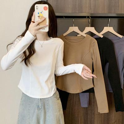 Damen Slim Fit Langarm Fischgrät T-Shirt - Rundhalsausschnitt, Weiß, für Frühling, Herbst und Winter.