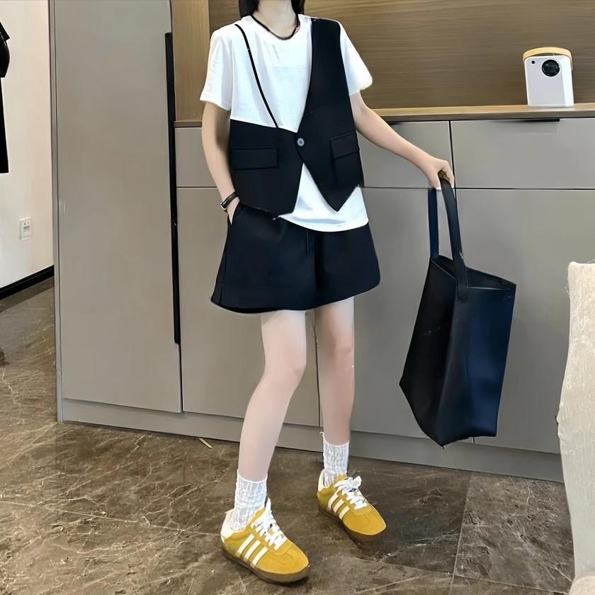 

Женская футболка с коротким рукавом в корейском стиле, свободного кроя, из двух частей (Летняя коллекция 2024 г.) M белый