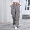 Women's Fashionable Checkered Elastic Waistband Loose Pocket Casual Pants