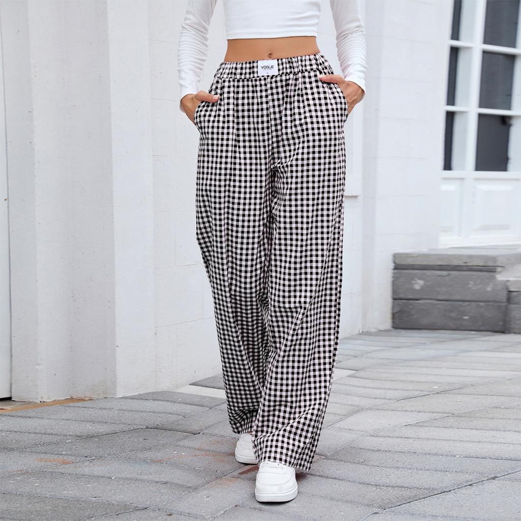 Women's Fashionable Checkered Elastic Waistband Loose Pocket Casual Pants