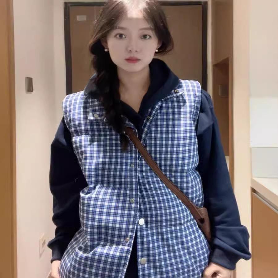 

Женский синий клетчатый ретро хлопковый жилет без рукавов со стойкой - Осенне-зимний тренд XL