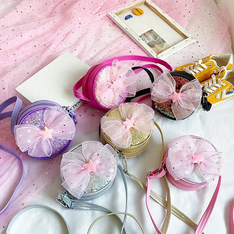 Round Sequined Shoulder Crossbody Bag Bow Five Pointed Star Decoration Kids For