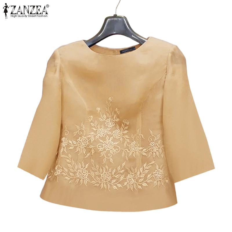 ZANZEA Blouse Décontractée Femme Col Rond Manches 3/4 Ample Broderie