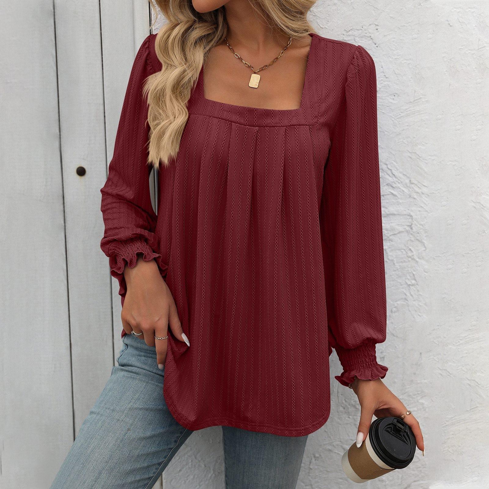 

Ladies Fashion Solid Color Square Neck Long Sleeve Bubble Sleeve Pleated Casual T-shirt Top XXL винний