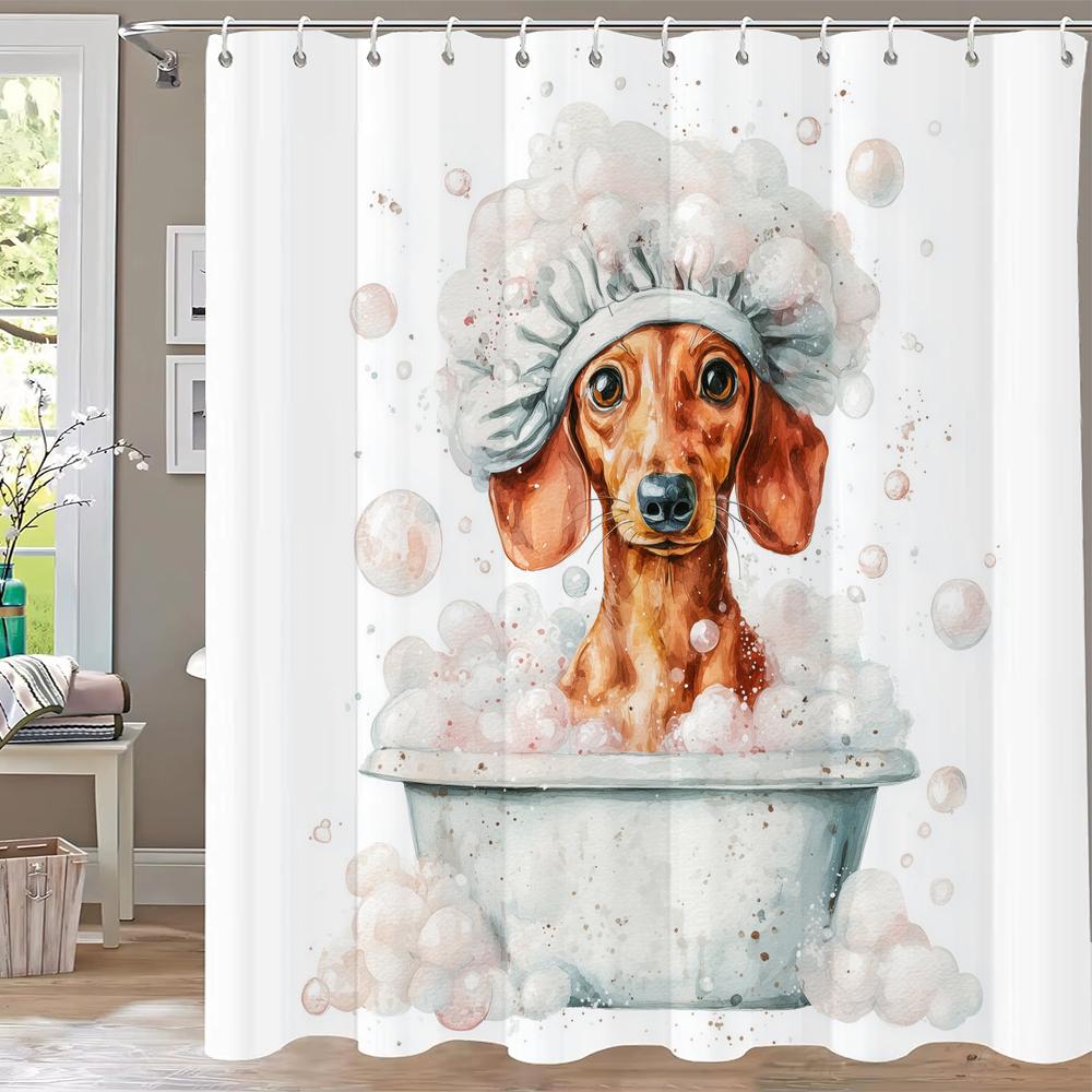 Funny Cat Dog Shower Curtain Cartoon Animals Oil Painting Style Polyester Washable Shower Curtains Bathroom Decor With Hooks