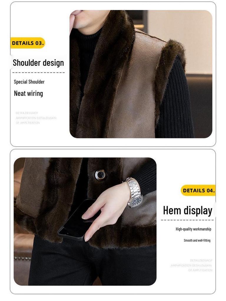 Men's Winter 2025 Faux Leather & Golden Mink Velvet Fur-Integrated Thick Gilet Jacket
