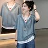 Womens Solid Color Hooded Drawstring Short Sleeve T-Shirt