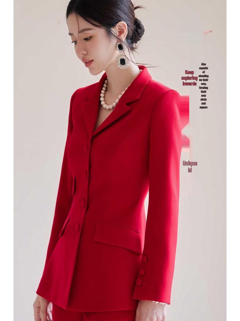 Women's Elegant Chinese Red Suit - 2025 Acetate Formal Wear for Banquets & Events