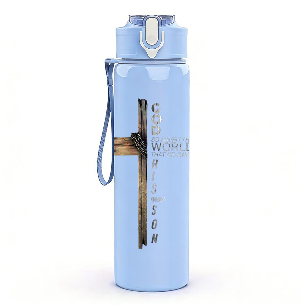 1PC Simple cross wooden line print 750ml colorful plastic sports water bottle leakproof pop up lid with straw for outdoor work home use