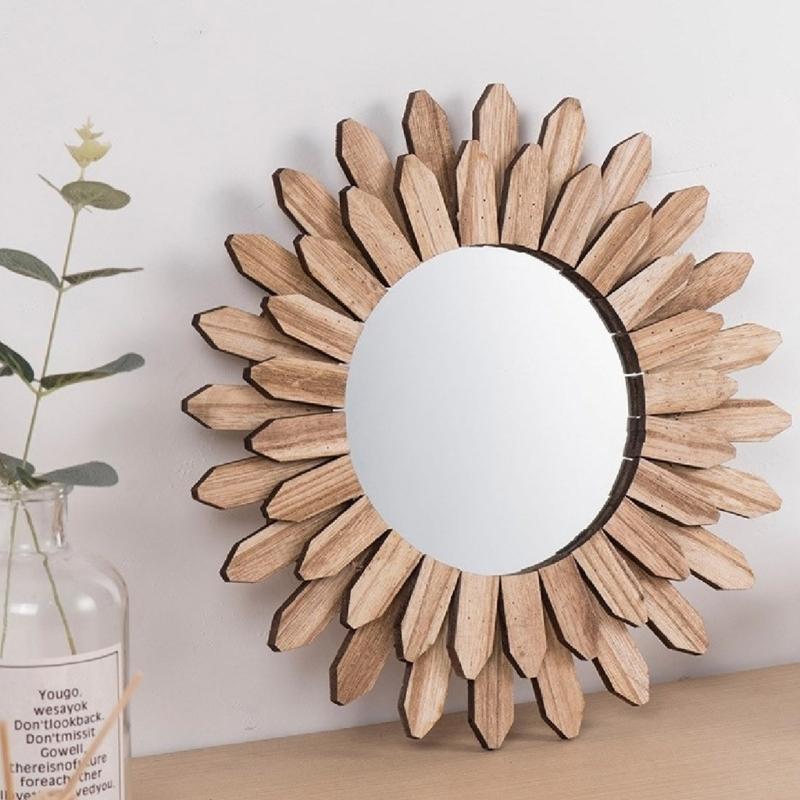 Sun Shape Wooden Round Makeup Mirrored Innovative Art Decors Bathroom Bohemian Wall Hangings Mirrored Living Room Decors