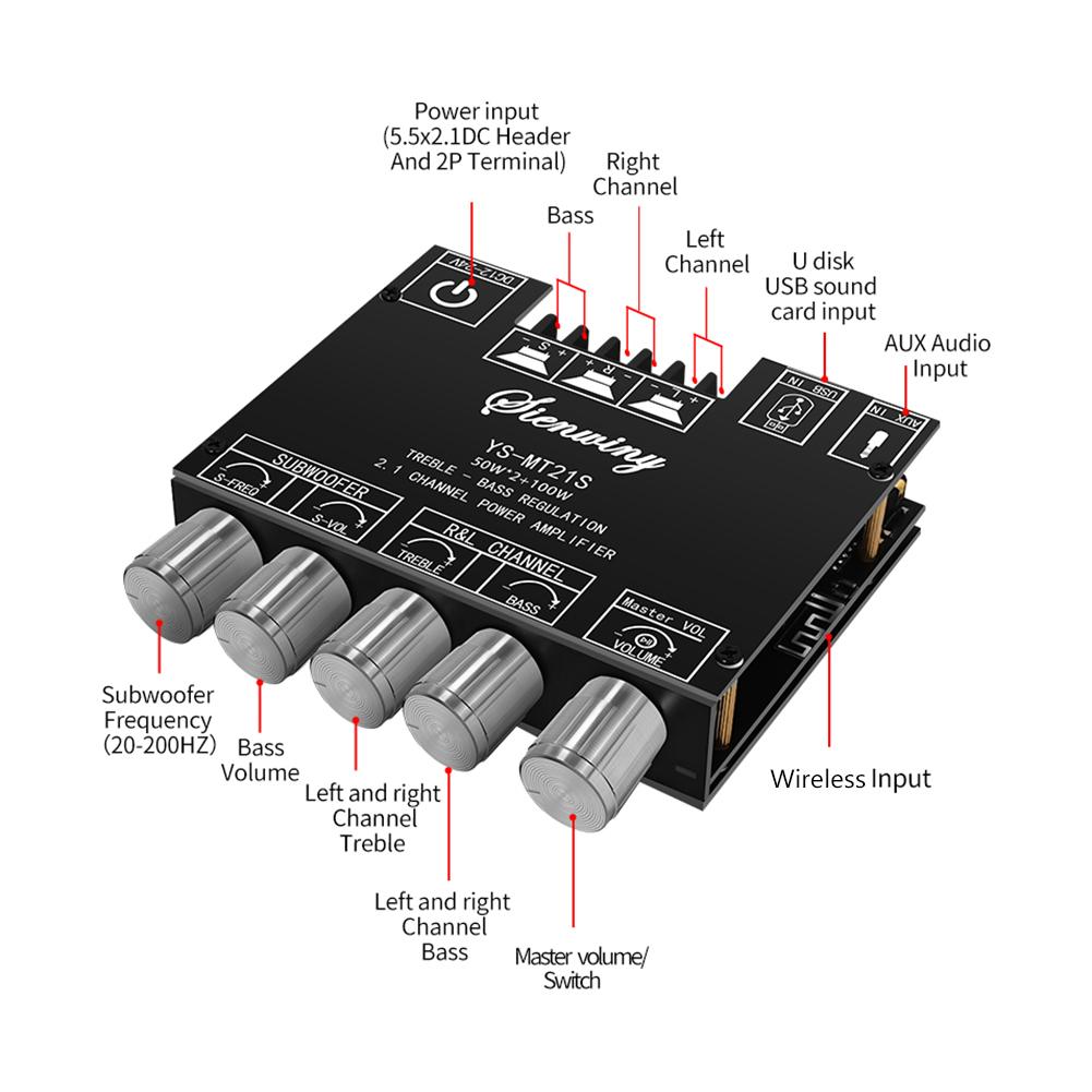 ZK-MT21 Subwoofer Digital Power Amplifier Board AUX 12V 24V 2.1 Channel Stereo Amp Module 50WX2+100W Bluetooth 5.0 Bass Amp