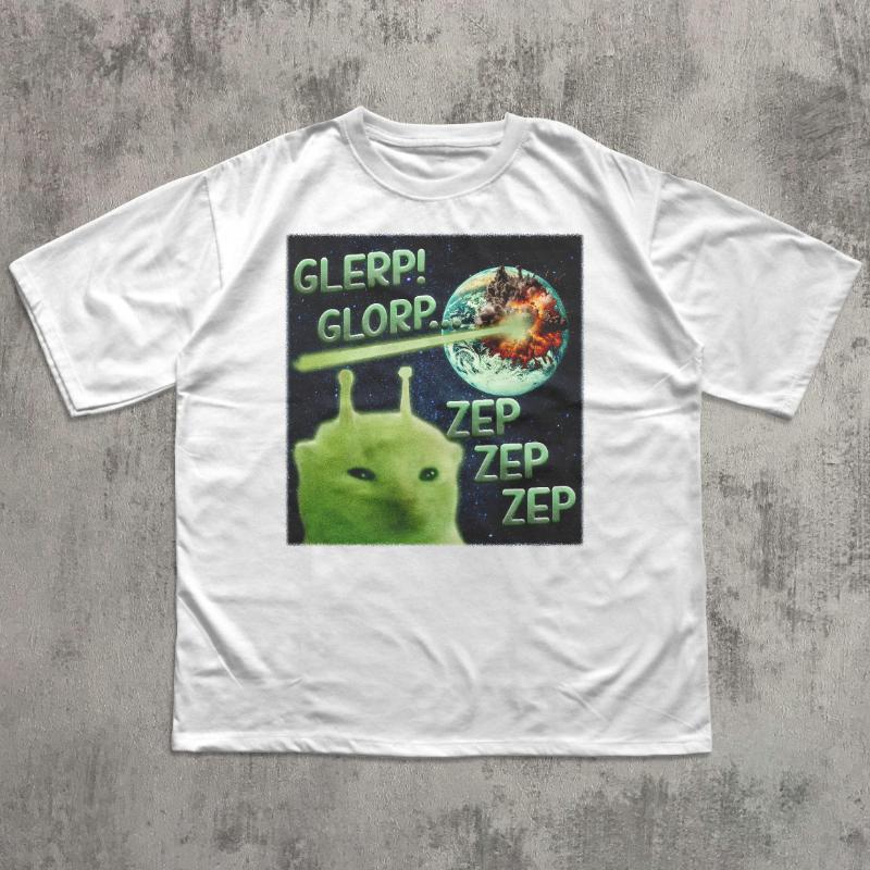 Glerp Glorip Funny Alien Cat Meme Printed Pure Cotton Fashionable and Comfortable Tshirt for Men Women Summer Mens Casual Top