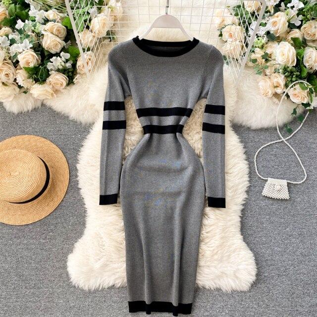 New Autumn Knitting Sweater Dress Women Solid Knitted Sexy Bandage Sheath Bodycon Sundress
