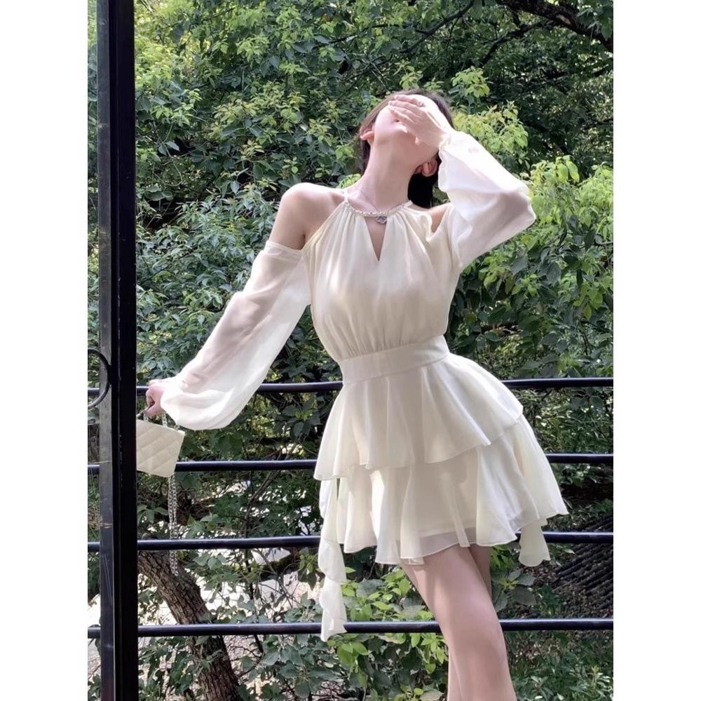 White Moonlight Dress Women's New Summer Irregular Halterneck Off-shoulder Waist Chic Gentle Style Short Skirt
