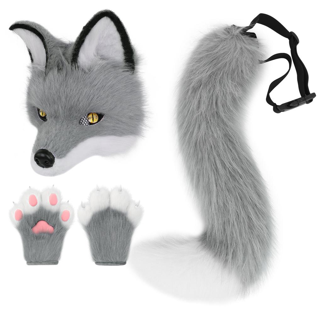 Halloween Party Plush Simulated Fox Tail Half-Face Mask and Animal Claw Glove Set cos Props