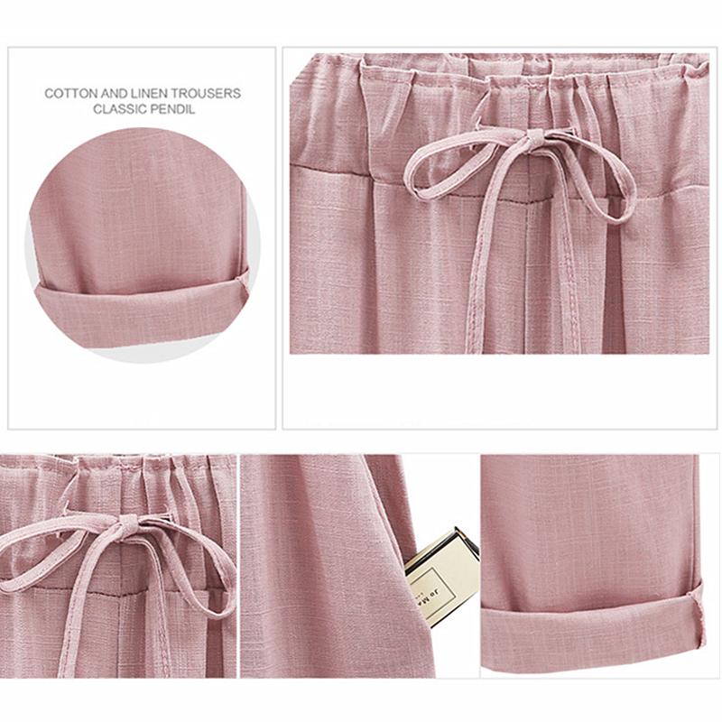 Cotton Linen Pants Elastic Mid Waist Ankle Length Pant Casual Women Loose Spring Summer Pants Female Slacks Size S-8XL
