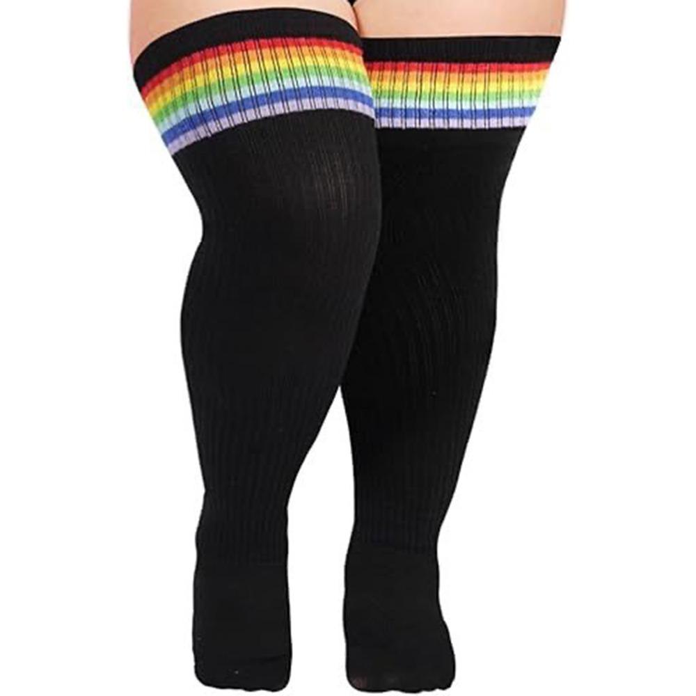 Knitted Thigh High Socks Plus Size Leg Warmer Rainbow Striped Tube Socks Thick Thighs