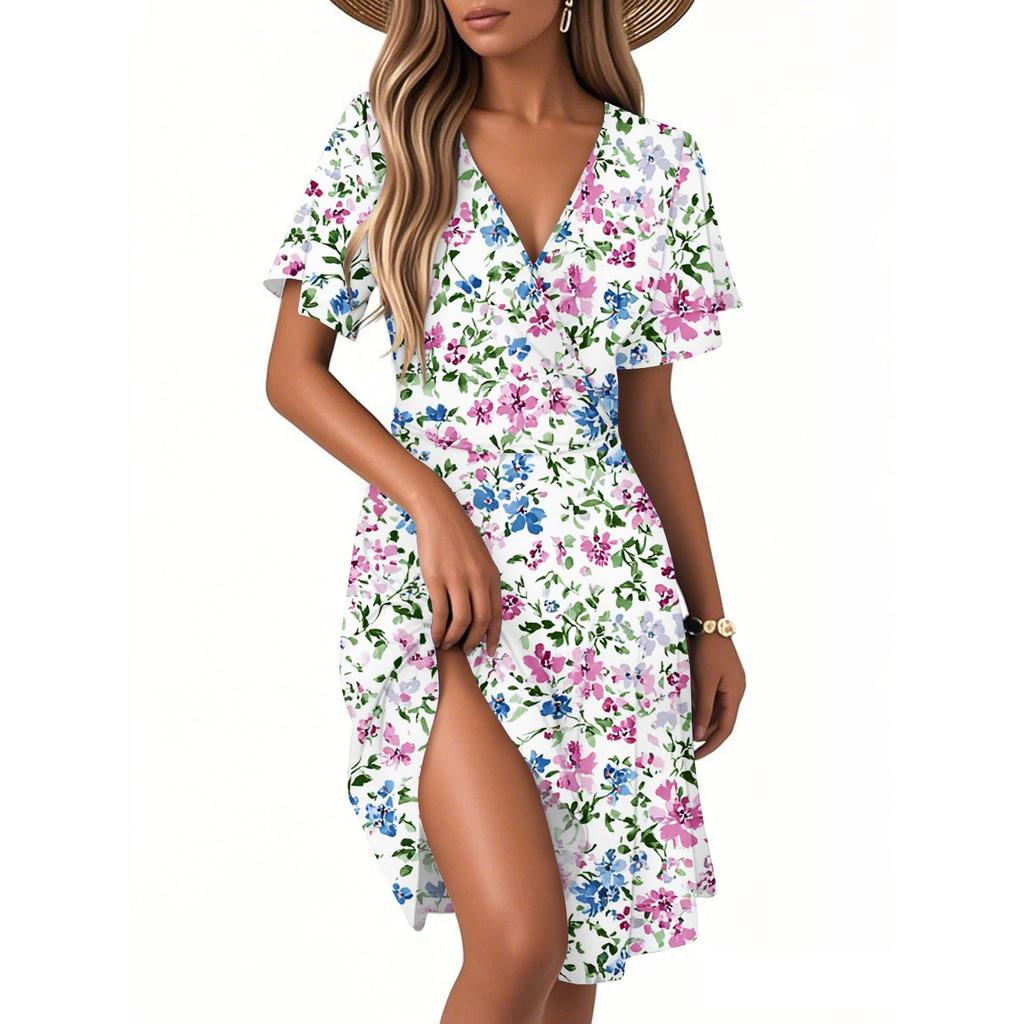 Women's Fashion Short Sleeve Wrap Sundress V-Neck Floral Print Dresses