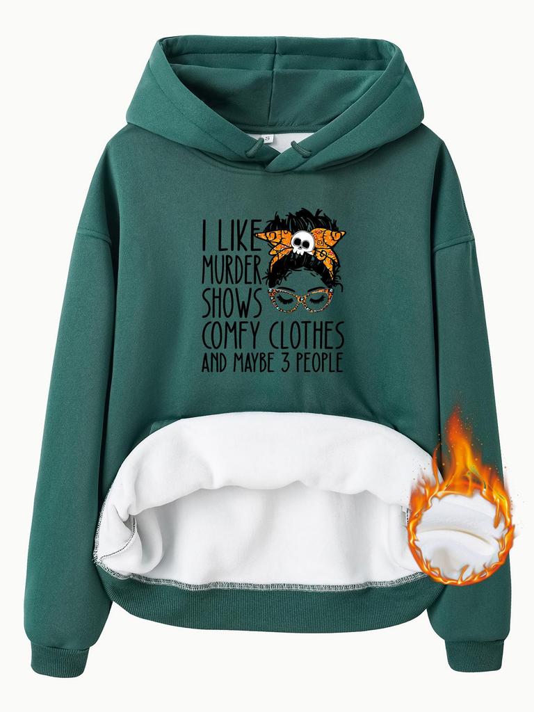 European and American Women's Kangaroo Pocket Hooded Long Sleeve Plush Sweatshirt with Print Design