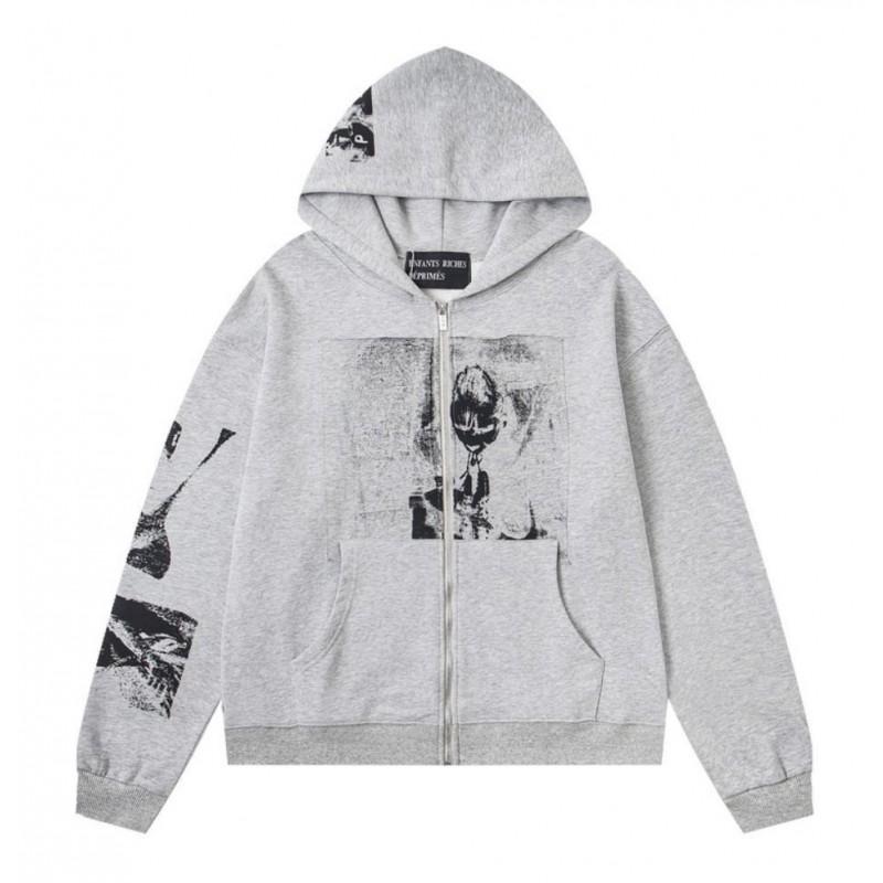 Mens Oversized Streetwear Hoodie With Distressed Zipper Graphic Print Cotton Long Sleeve Pullover Casual Wear