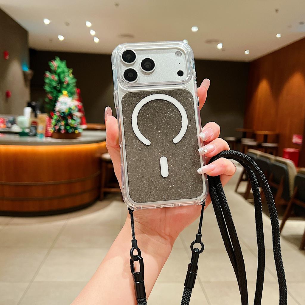 For iPhone 17 Pro Max Case Compatible with MagSafe Clear Glitter TPU Acrylic Phone Cover with Shoulder Strap