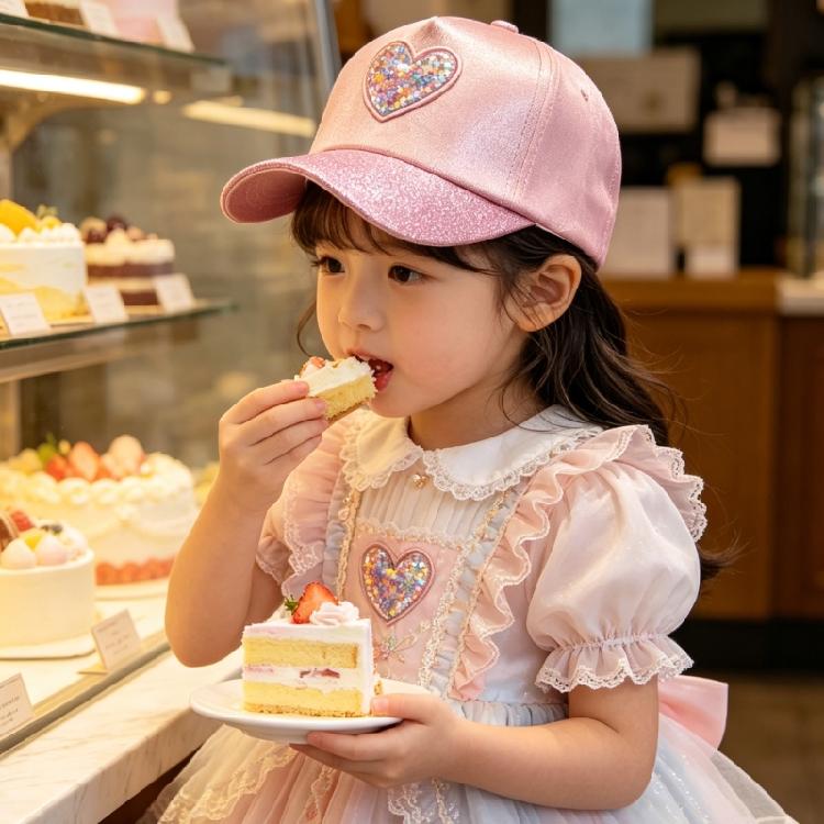 Cute Sparkles Heart Patterned Baseball Cap For Kids Soft Polyester Fabric Sun Hat With Comfortable Elastic Band