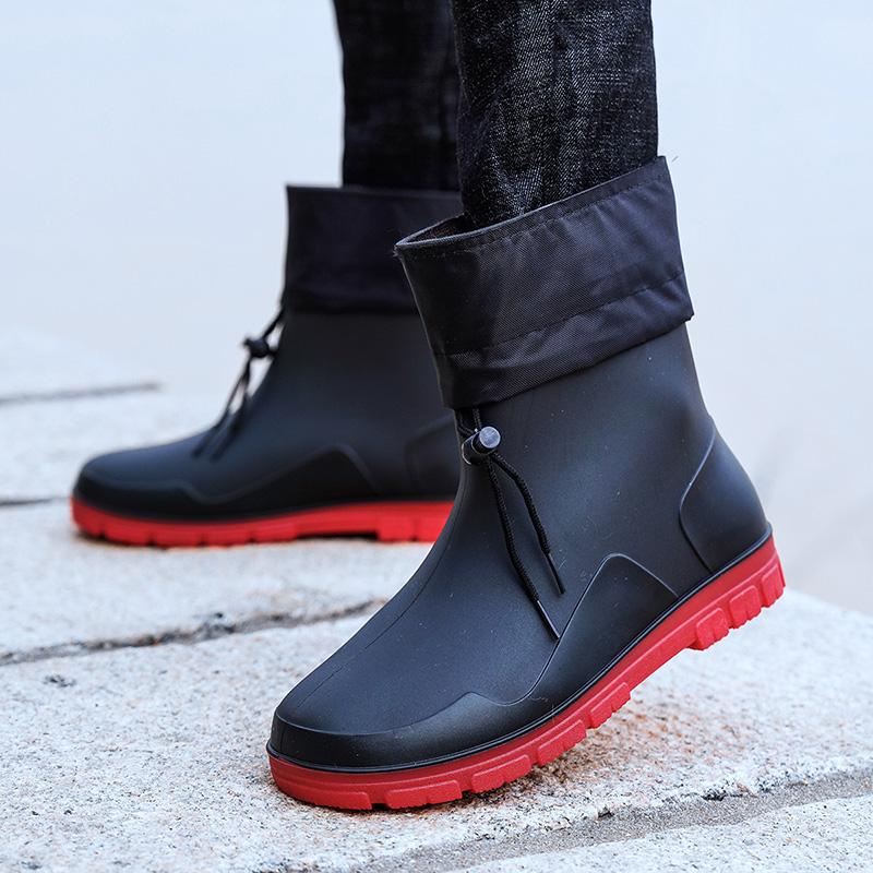 Men's Rain Boots Closed Rainproof Waterproof Medium Short Anti Slip Drawstring Rubber Boots Male Durable Garden Work Shoes