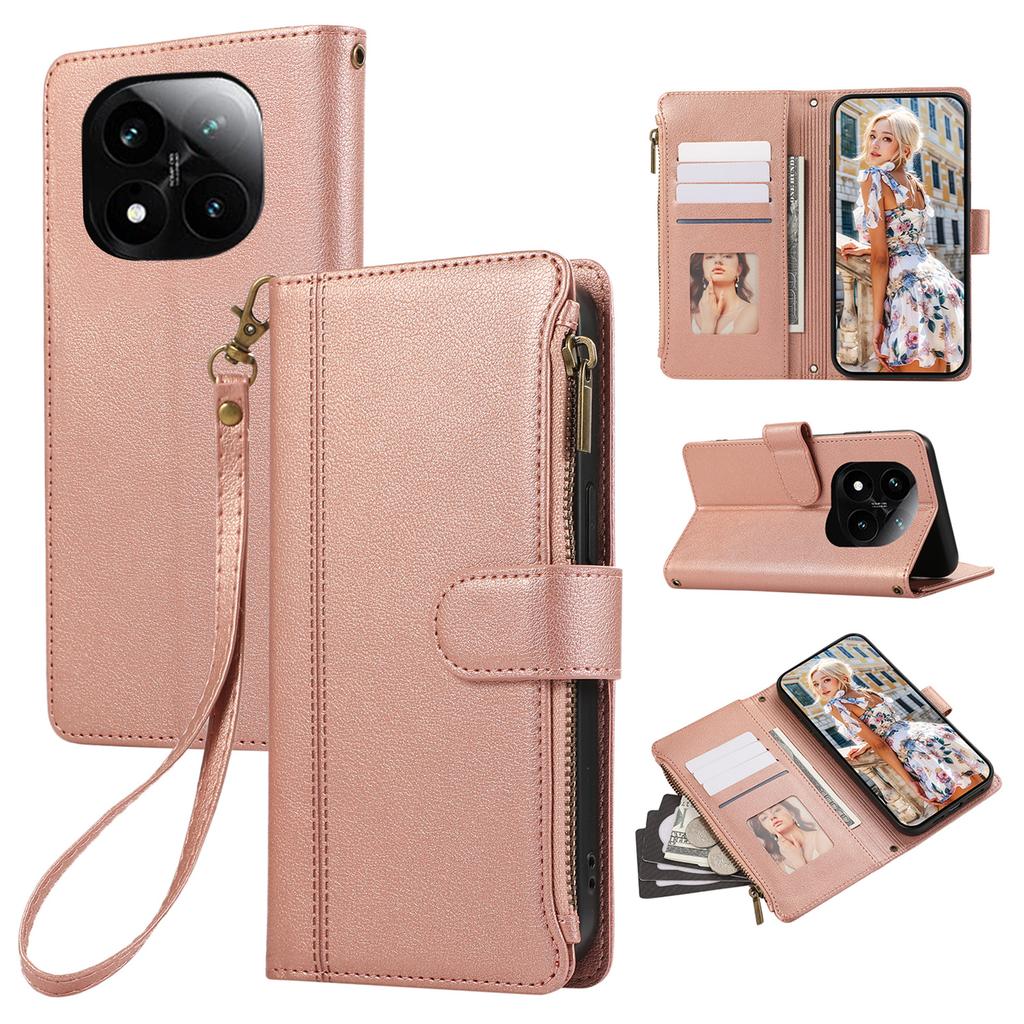For Xiaomi Redmi Note 14 Pro 4G Case Multi Card Slots Zipper Leather Phone Cover with Wrist Strap