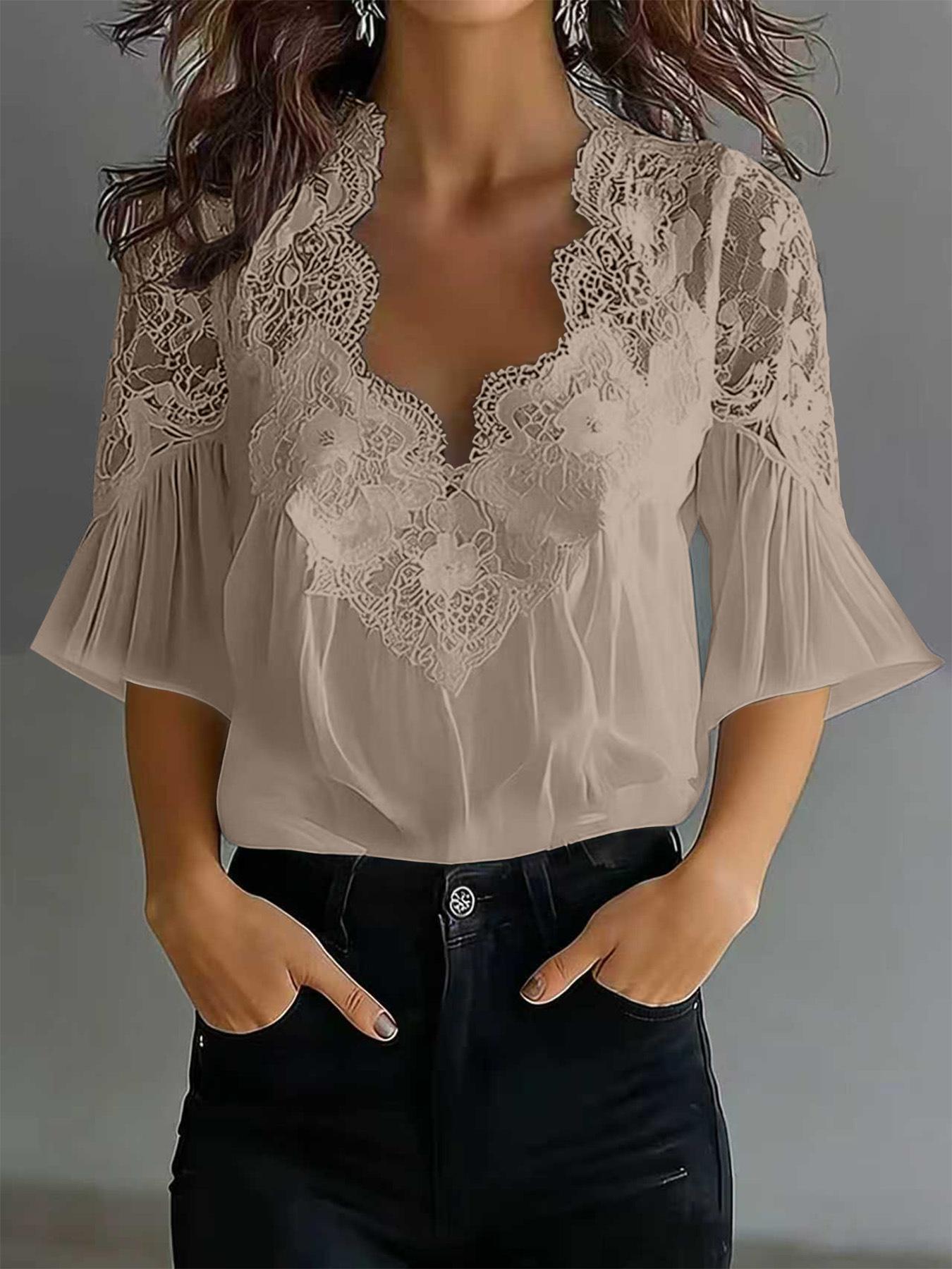 

Women s White V-Neck Lace Trim Flounce Sleeve Blouse XXXL