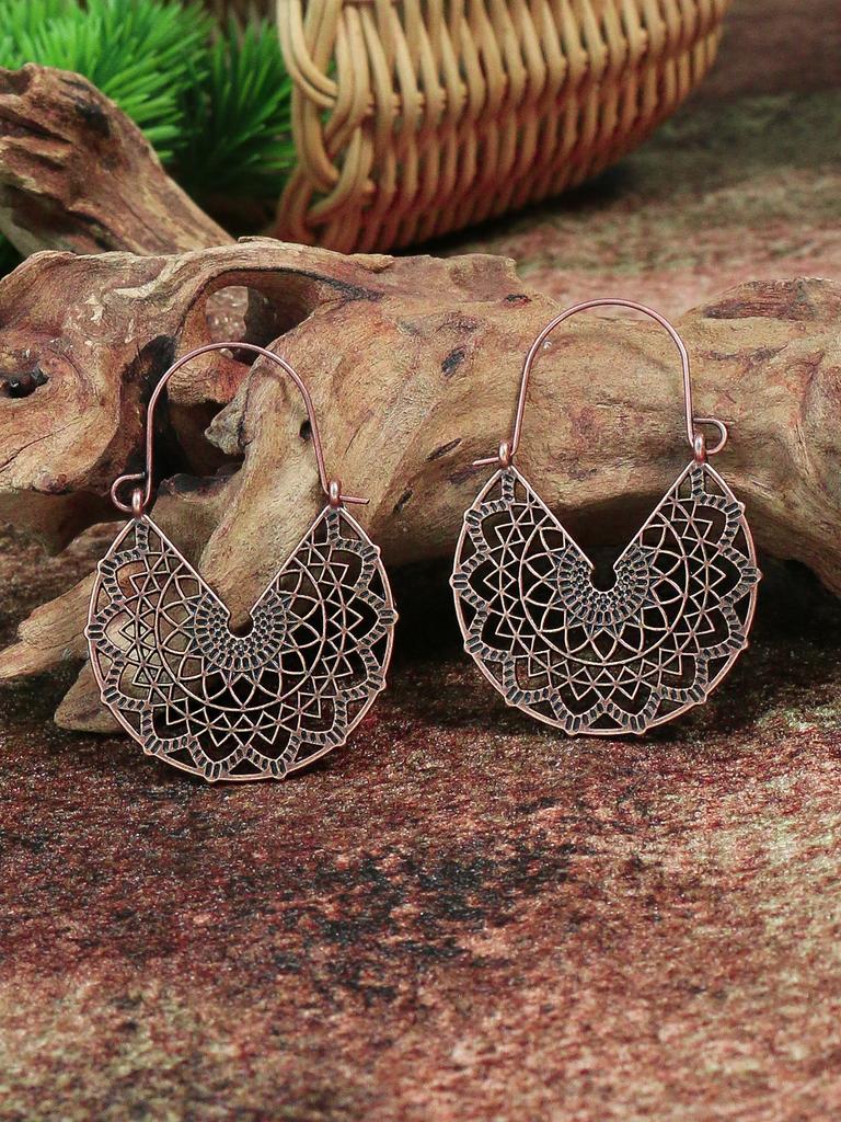 Vintage Bronze Women's Dropped Earrings Bohemian Geometric Carved Earrings Women's Ethnic Zircon