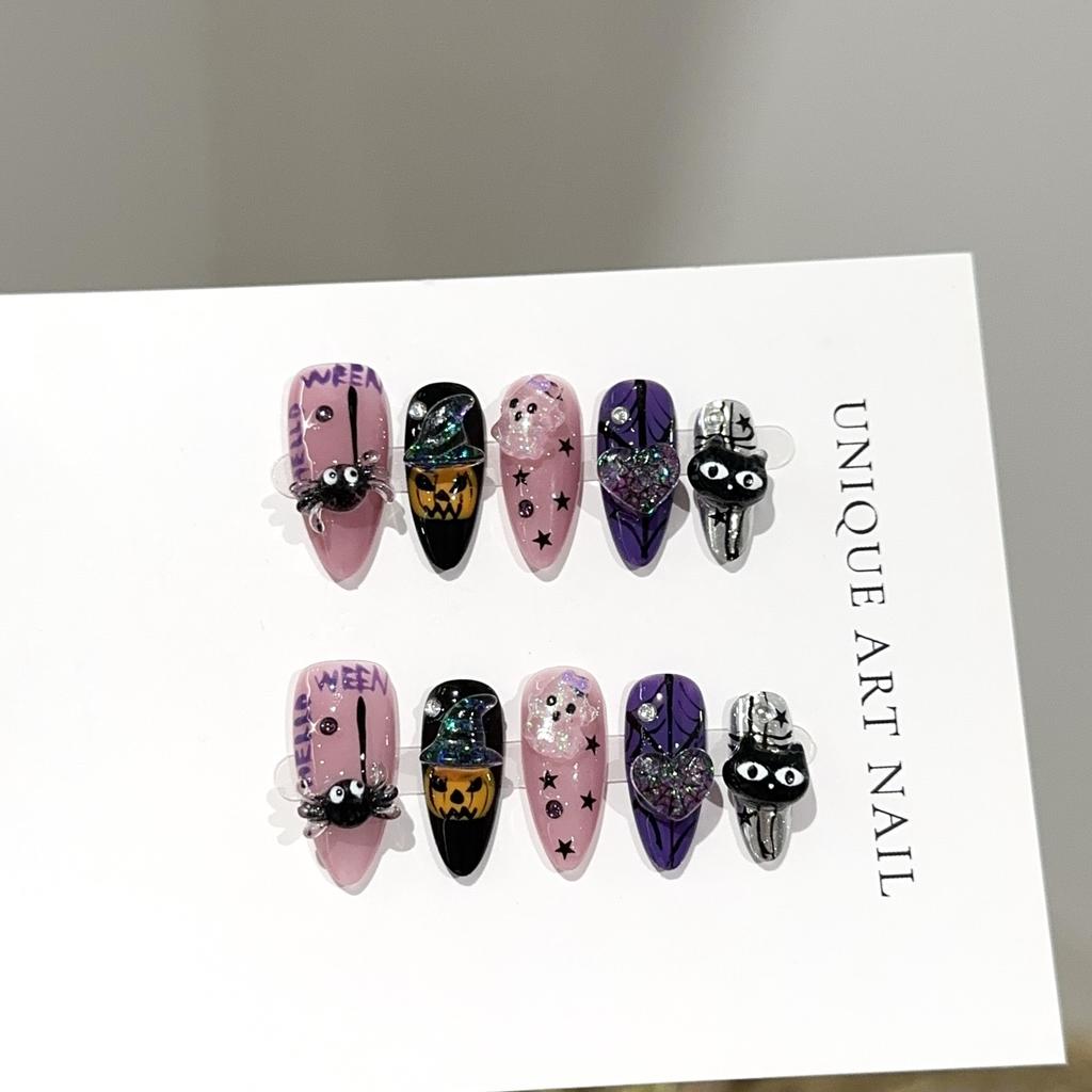 Halloween Purple Almond Press-on Nails – Hand-Painted Pumpkin, Ghost, and Spider Designs – Fully Handmade