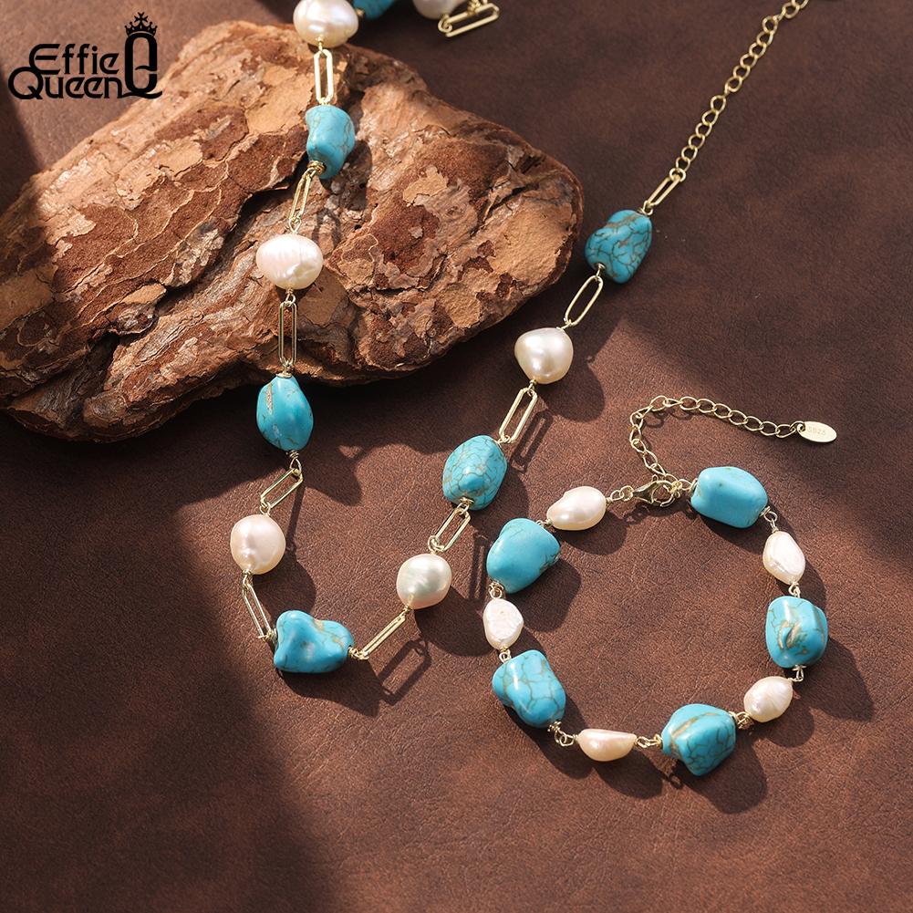 Effie Queen Vintage Natural Turquoise Bracelet With Baroque Pearl 925 Sterling Silver Turquoise Stone Chain Bracelet Party MPB16
