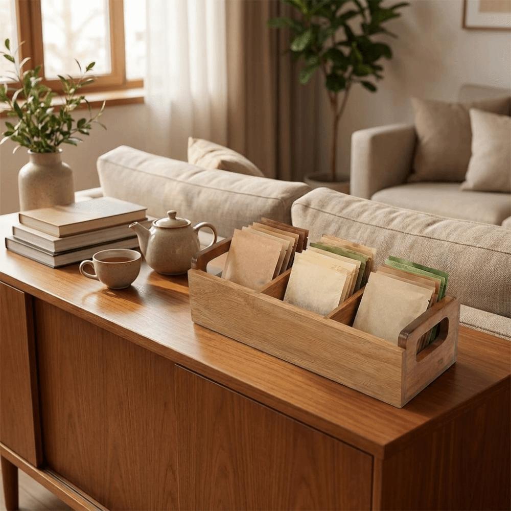 Wooden Tea Bag Storage Box Dual Side Handles Large Capacity Tea Bag Holder 3 Slots Sugar Packet Storage Box Office