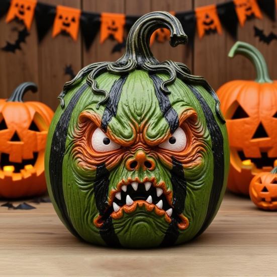 Halloween Pumpkin Figurine Resin Pumpkin Face Sculpture Spooky Pumpkin Halloween Decor for Home Office Desktop Decoration
